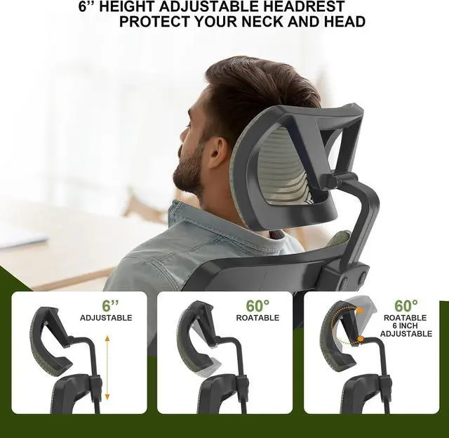Alt view image 7 of 7 - Ergonomic Mesh Desk Chair, High Back Computer Chair- Adjustable Headrest with Flip-Up Arms, Lumbar Support, Swivel Executive Task Chair (Hunter Green, Modern)