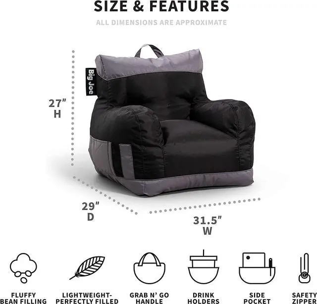 Alt view image 3 of 6 - Big Joe Dorm Bean Bag Chair with Drink Holder and Pocket, Two Tone Black Smartmax, Durable Polyester Nylon Blend, 3 feet, Welcome to consult