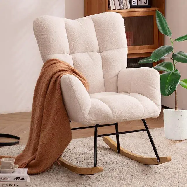 Main image of NIOIIKIT Nursery Rocking Chair Teddy Upholstered Glider Rocker Rocking Accent Chair Padded Seat with High Backrest Armchair Comfy Side Chair for Living Room Bedroom Offices (Ivory Teddy)