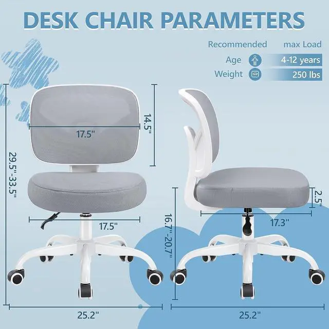 Alt view image 2 of 7 - Primy Kids Desk Chair, Pink Study Chair for Boys Girls with Height Adjustable, Swivel Mesh Task Student Chairs for 4-12, Growing Teen Office Chair for Home/School/Office(Gray)