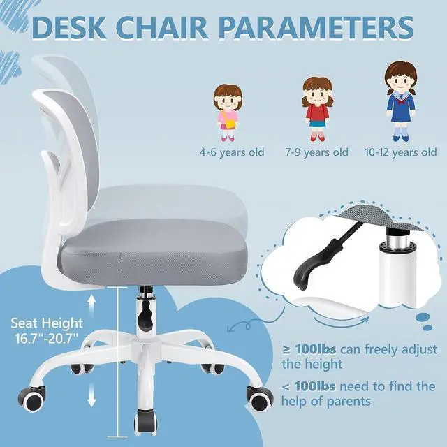 Alt view image 3 of 7 - Primy Kids Desk Chair, Pink Study Chair for Boys Girls with Height Adjustable, Swivel Mesh Task Student Chairs for 4-12, Growing Teen Office Chair for Home/School/Office(Gray)