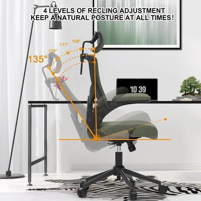 Alt view image 2 of 7 - Ergonomic Mesh Desk Chair, High Back Computer Chair- Adjustable Headrest with Flip-Up Arms, Lumbar Support, Swivel Executive Task Chair (Hunter Green, Modern)