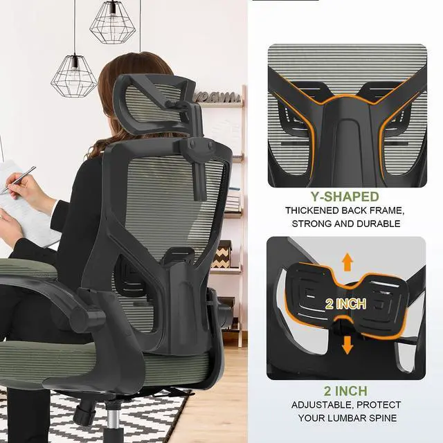 Alt view image 3 of 7 - Ergonomic Mesh Desk Chair, High Back Computer Chair- Adjustable Headrest with Flip-Up Arms, Lumbar Support, Swivel Executive Task Chair (Hunter Green, Modern)