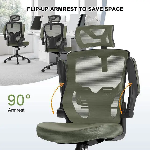Alt view image 4 of 7 - Ergonomic Mesh Desk Chair, High Back Computer Chair- Adjustable Headrest with Flip-Up Arms, Lumbar Support, Swivel Executive Task Chair (Hunter Green, Modern)