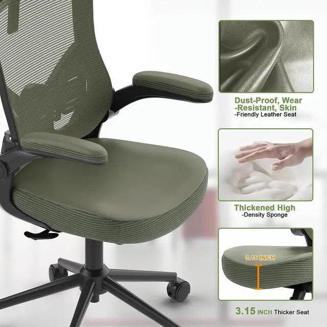 Alt view image 6 of 7 - Ergonomic Mesh Desk Chair, High Back Computer Chair- Adjustable Headrest with Flip-Up Arms, Lumbar Support, Swivel Executive Task Chair (Hunter Green, Modern)