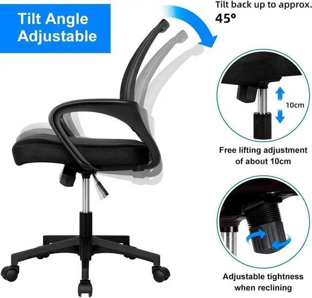 Alt view image 2 of 5 - Home Office Desk Chair Ergonomic Desk Chair Breathable Mid-Back Comfortable Mesh Computer Chair with Fixed handrail Tilt Function Lumbar Support (Black)