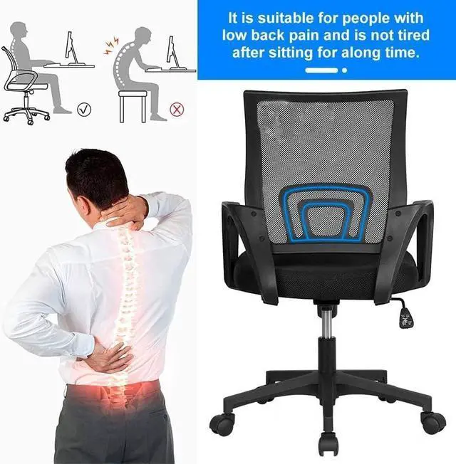 Alt view image 5 of 5 - Home Office Desk Chair Ergonomic Desk Chair Breathable Mid-Back Comfortable Mesh Computer Chair with Fixed handrail Tilt Function Lumbar Support (Black)