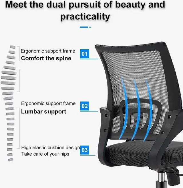 Alt view image 4 of 5 - Home Office Desk Chair Ergonomic Desk Chair Breathable Mid-Back Comfortable Mesh Computer Chair with Fixed handrail Tilt Function Lumbar Support (Black)