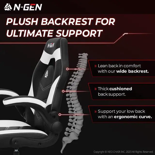 Alt view image 2 of 7 - N-GEN Gaming Chair Ergonomic Office Chair Computer Desk Chair with Lumbar Support Flip Up Arms Adjustable Height Swivel PU Leather Executive PC Chair with Wheels for Adults Women Men (White)