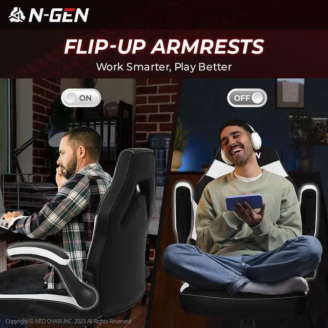 Alt view image 4 of 7 - N-GEN Gaming Chair Ergonomic Office Chair Computer Desk Chair with Lumbar Support Flip Up Arms Adjustable Height Swivel PU Leather Executive PC Chair with Wheels for Adults Women Men (White)