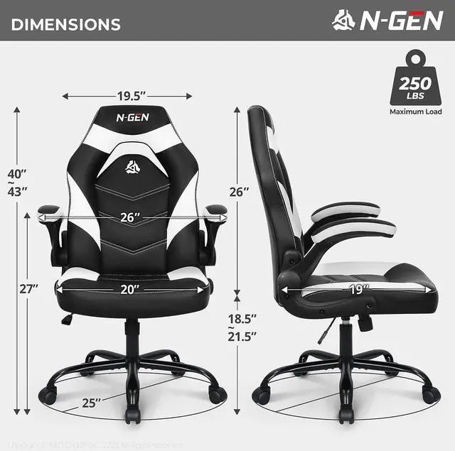 Alt view image 6 of 7 - N-GEN Gaming Chair Ergonomic Office Chair Computer Desk Chair with Lumbar Support Flip Up Arms Adjustable Height Swivel PU Leather Executive PC Chair with Wheels for Adults Women Men (White)