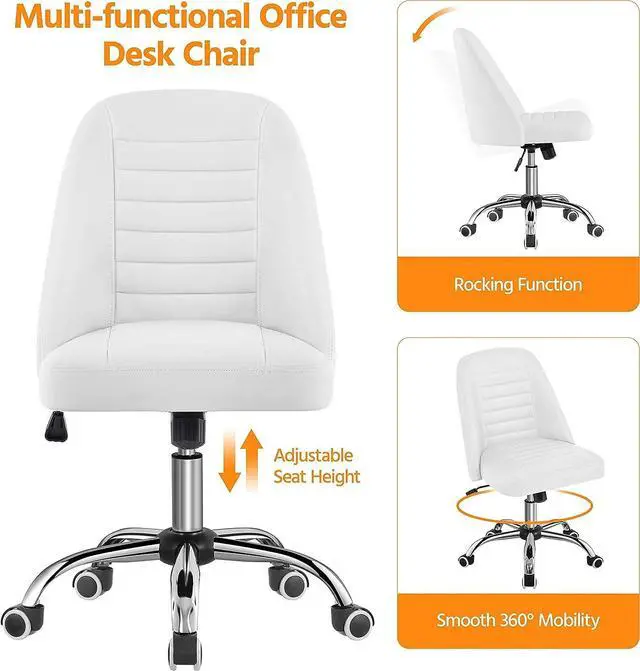Alt view image 7 of 7 - Yaheetech Mid Back PU Leather Armless Desk Office Chair, Modern Vanity Chair with Rolling Wheels, Metal Base White