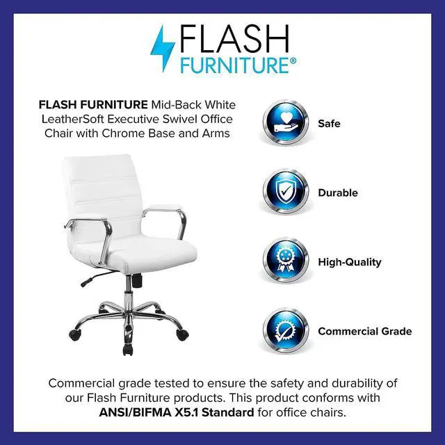 Alt view image 3 of 7 - Flash Furniture Whitney Mid-Back Desk Chair - White LeatherSoft Executive Swivel Office Chair with Chrome Frame - Swivel Arm Chair