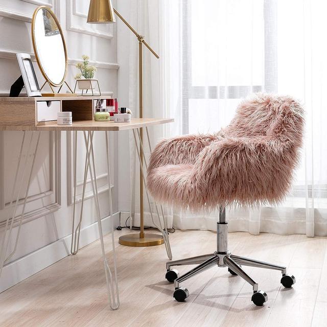Alt view image 4 of 7 - HomVent Fluffy Desk Chair Pink Faux Fur Vanity Chair Adjustable Swivel Computer Chair on Wheels Height Adjustable Cute Desk Chair for Makeup Room Teen Girls Bedroom Home Office (Pink)