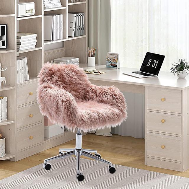 Alt view image 7 of 7 - HomVent Fluffy Desk Chair Pink Faux Fur Vanity Chair Adjustable Swivel Computer Chair on Wheels Height Adjustable Cute Desk Chair for Makeup Room Teen Girls Bedroom Home Office (Pink)
