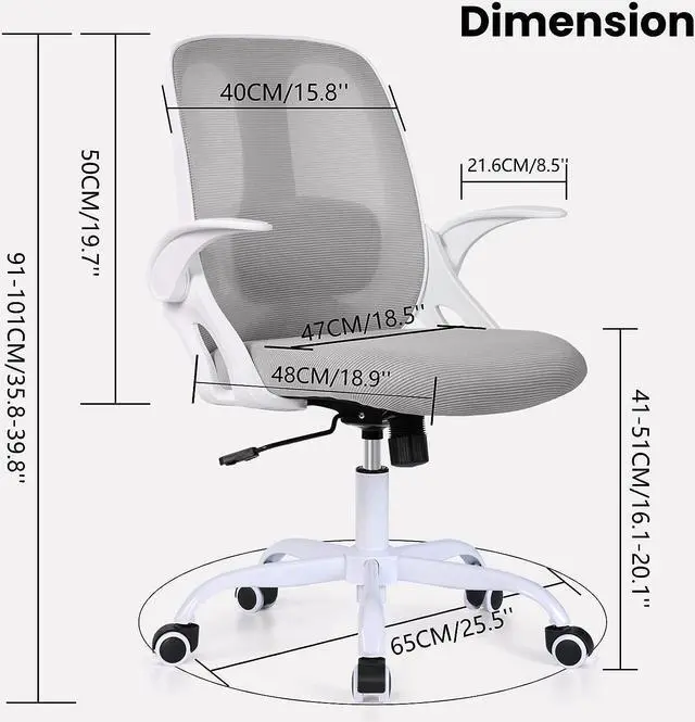 Alt view image 6 of 7 - Office Chair, Ergonomic Computer Desk Chair with 2D Lumbar Support and Flip-up Arms, Swivel Breathable Mesh Task Chair with Adjustable Height for Home Office