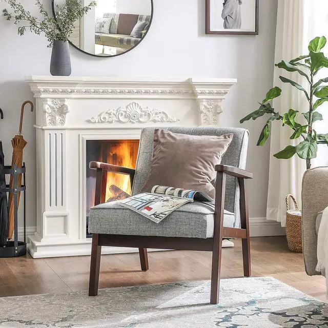 Alt view image 4 of 7 - SONGMICS Accent Leisure Chair, Mid-Century Modern Arm Chair with Solid Wood Armrests and Legs, 1-Seat Cushioned Sofa for Living Room Bedroom Balcony Studio, Light Gray ULAC001G01