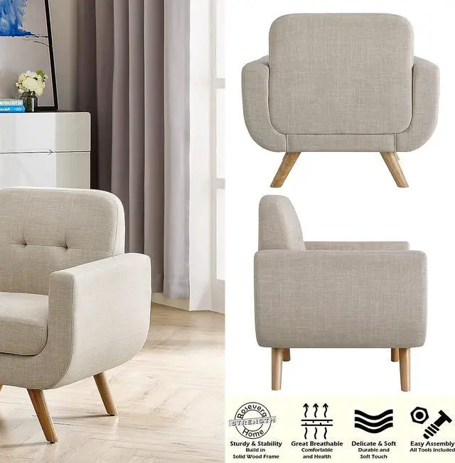 Alt view image 4 of 5 - Rosevera Elena Contemporary Accent Armchair with Linen Upholstery Living Room Furniture, Beige