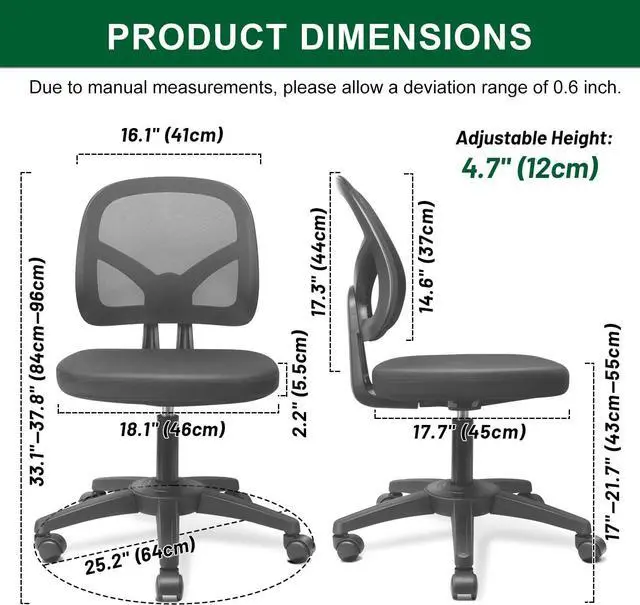 Alt view image 3 of 7 - KOLLIEE Armless Office Chair Mesh Ergonomic Small Desk Chair Armless Adjustable Swivel Black Computer Task Chair No Armrest Mid Back Home Office Chair for Small Spaces