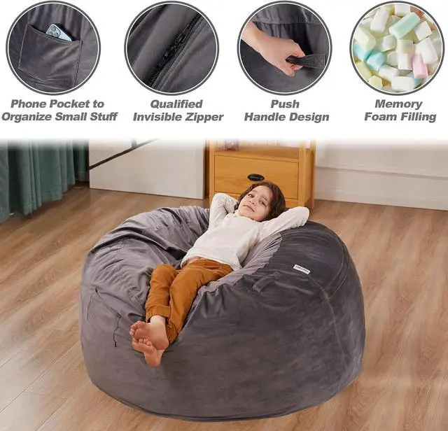 Alt view image 4 of 7 - HABUTWAY Bean Bag Chair 3Ft Luxurious Velvet Ultra Soft Fur with High-Rebound Memory Foam for Adults Plush Lazy Sofa with Fluffy Removable Sponge 3'(Grey), Welcome to consult