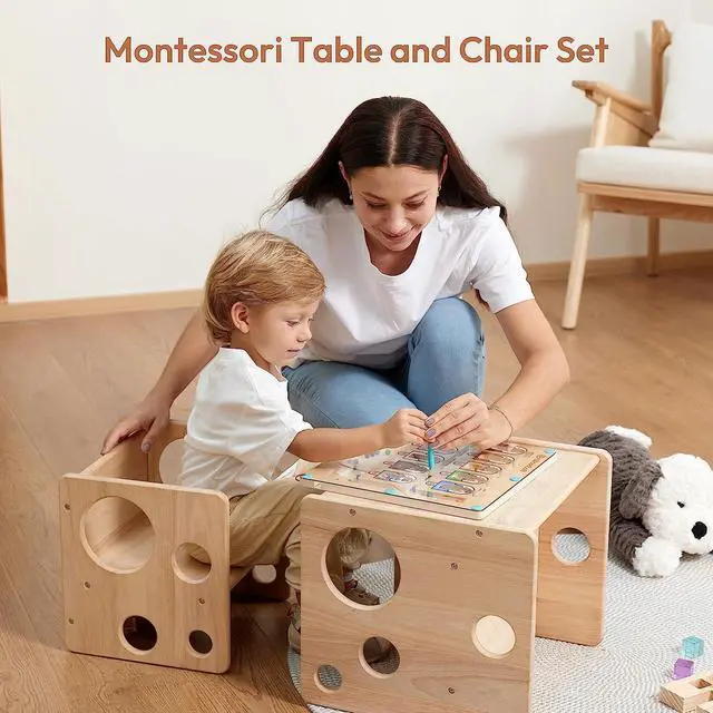 Alt view image 2 of 7 - Kids Table and Chair Set, Montessori Weaning Table and Chair Set for Toddler, Natural Solid Wooden Activity Table Cube Chair for Drawing Reading, Montessori Playroom Furniture for Children