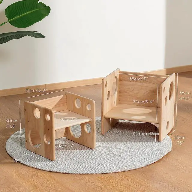 Alt view image 5 of 7 - Kids Table and Chair Set, Montessori Weaning Table and Chair Set for Toddler, Natural Solid Wooden Activity Table Cube Chair for Drawing Reading, Montessori Playroom Furniture for Children