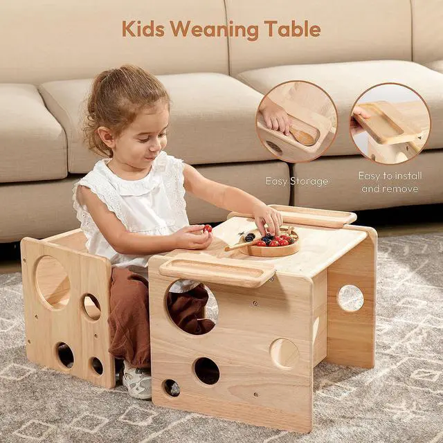 Alt view image 6 of 7 - Kids Table and Chair Set, Montessori Weaning Table and Chair Set for Toddler, Natural Solid Wooden Activity Table Cube Chair for Drawing Reading, Montessori Playroom Furniture for Children