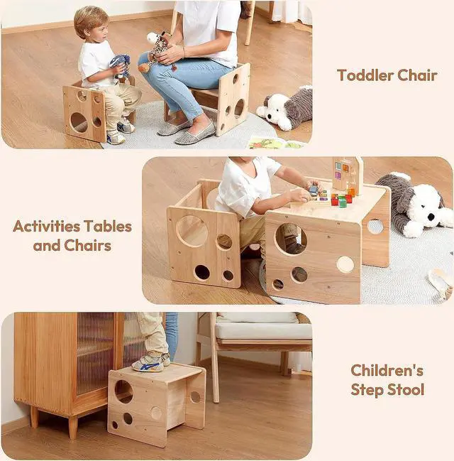 Alt view image 3 of 7 - Kids Table and Chair Set, Montessori Weaning Table and Chair Set for Toddler, Natural Solid Wooden Activity Table Cube Chair for Drawing Reading, Montessori Playroom Furniture for Children