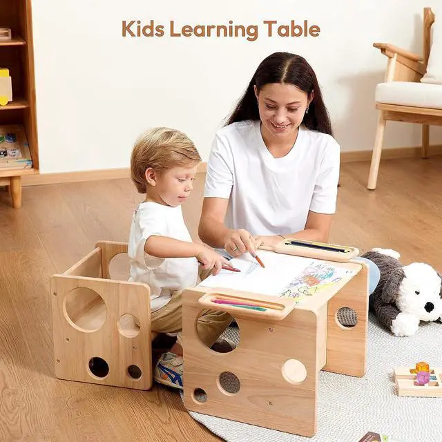 Alt view image 7 of 7 - Kids Table and Chair Set, Montessori Weaning Table and Chair Set for Toddler, Natural Solid Wooden Activity Table Cube Chair for Drawing Reading, Montessori Playroom Furniture for Children