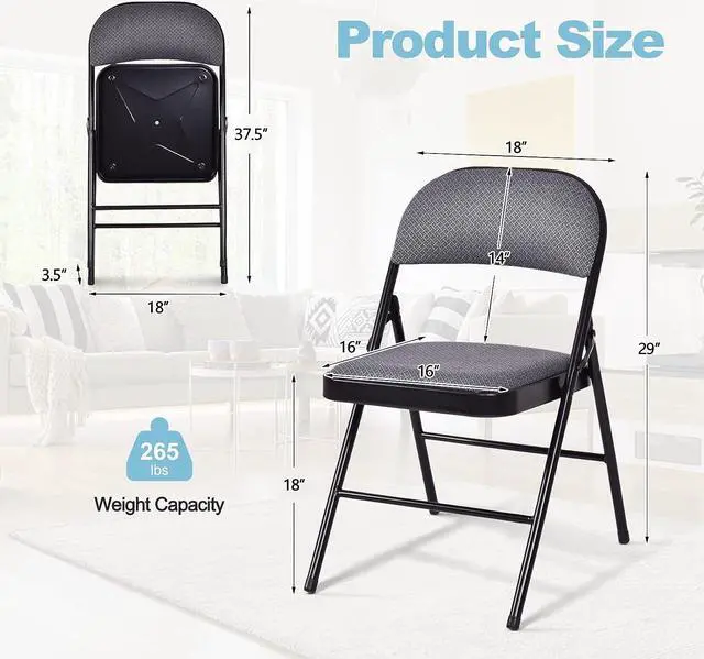 Alt view image 3 of 7 - GOFLAME 4 Pack Folding Chairs, Fabric Dining Chair Set with Padded Seat & Metal Frame, Indoor Outdoor Upholstered Commercial Seat for Home Office Events Wedding Party, Grey & Black