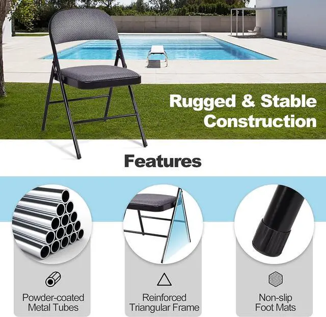 Alt view image 4 of 7 - GOFLAME 4 Pack Folding Chairs, Fabric Dining Chair Set with Padded Seat & Metal Frame, Indoor Outdoor Upholstered Commercial Seat for Home Office Events Wedding Party, Grey & Black