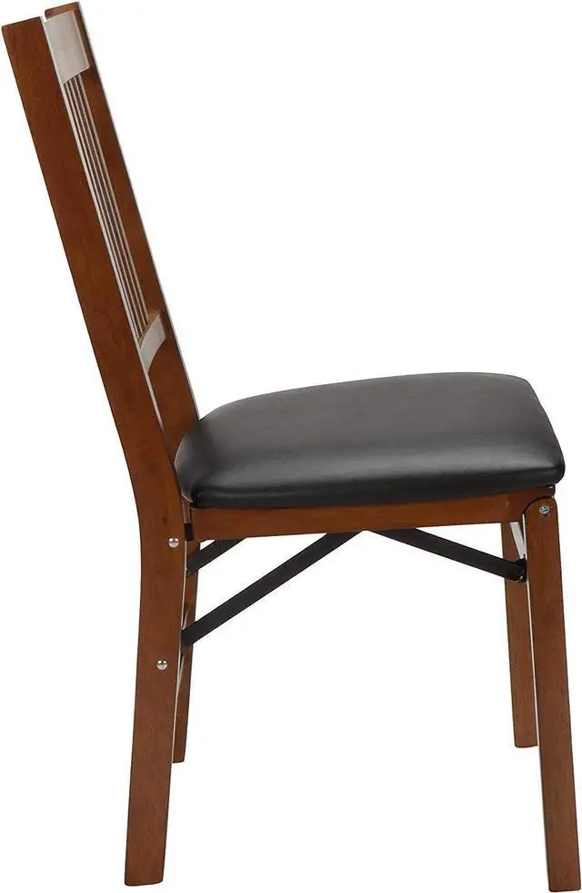Alt view image 7 of 7 - MECO Stakmore True Mission Wooden Folding Chairs with Padded Seats, Set of 2 - No Assembly Foldable Dining Chairs, Steel Folding Mechanism, Upholstered Cushion, Space-Saving, Fruitwood Frame