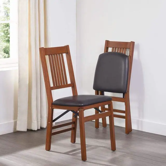Alt view image 2 of 7 - MECO Stakmore True Mission Wooden Folding Chairs with Padded Seats, Set of 2 - No Assembly Foldable Dining Chairs, Steel Folding Mechanism, Upholstered Cushion, Space-Saving, Fruitwood Frame