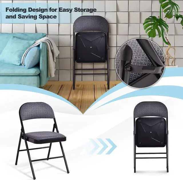 Alt view image 6 of 7 - GOFLAME 4 Pack Folding Chairs, Fabric Dining Chair Set with Padded Seat & Metal Frame, Indoor Outdoor Upholstered Commercial Seat for Home Office Events Wedding Party, Grey & Black