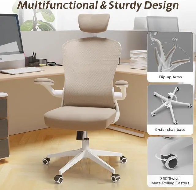 Alt view image 5 of 6 - SICHY AGE Ergonomic Chair with Headrest Big and Tall Office Chair Computer Chair Desk Chair Adjustable Headrest Lumbar Support Office Chair 400 lbs Heavy Duty Office Chair with Metal Base Khaki