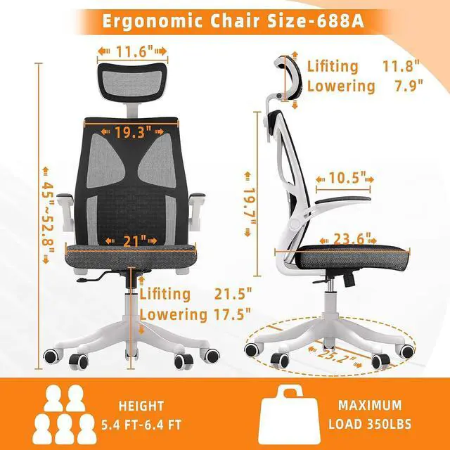 Alt view image 6 of 7 - Ergonomic Office Chair, High Back Desk Chair, Breathable Mesh Desk Chair with Lumbar Support, Adjustable Headrest and Flip-Up Arms, Swivel Task Chair with Adjustable Height (White+Black)