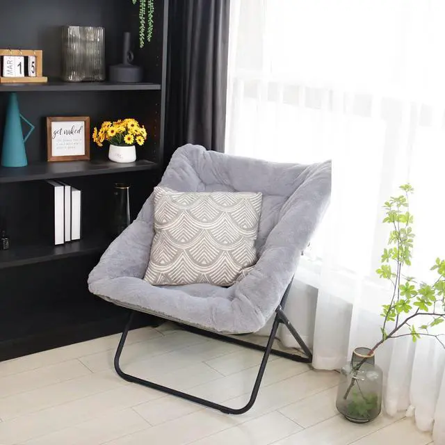 Alt view image 7 of 7 - Tiita Comfy Saucer Chair, Soft Faux Fur Oversized Folding Accent Chair, Lounge Lazy Chair for Kids Teens Adults, Metal Frame Moon Chair for Bedroom, Living Room, Dorm Rooms, X-Large, Grey