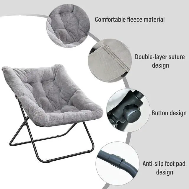 Alt view image 3 of 7 - Tiita Comfy Saucer Chair, Soft Faux Fur Oversized Folding Accent Chair, Lounge Lazy Chair for Kids Teens Adults, Metal Frame Moon Chair for Bedroom, Living Room, Dorm Rooms, X-Large, Grey