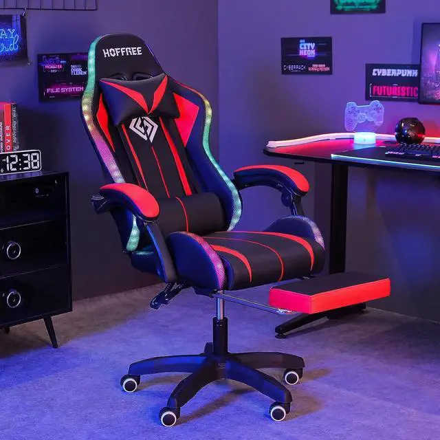Alt view image 2 of 7 - Gaming Chair Massage with LED RGB Lights and Footrest Ergonomic Computer Gaming Chair with High Back Video Game Chair with Adjustable Lumbar Support Red and Black