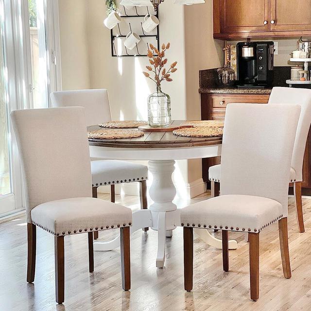 Alt view image 2 of 7 - COLAMY Upholstered Parsons Dining Chairs Set of 2, Fabric Dining Room Kitchen Side Chair with Nailhead Trim and Wood Legs - Beige, Welcome to consult