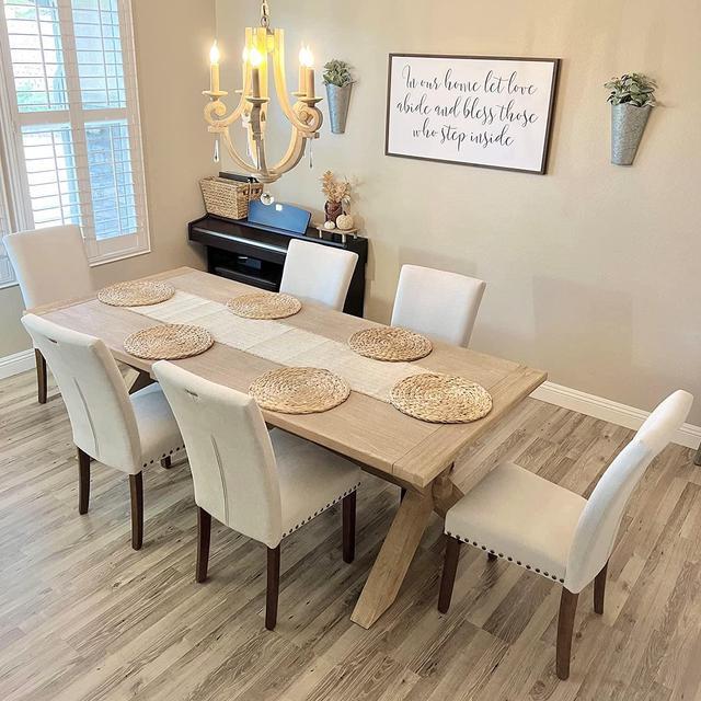 Alt view image 4 of 7 - COLAMY Upholstered Parsons Dining Chairs Set of 2, Fabric Dining Room Kitchen Side Chair with Nailhead Trim and Wood Legs - Beige, Welcome to consult