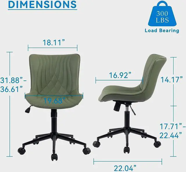 Alt view image 2 of 7 - YOUNIKE Office Chair, Armless Desk Chair Computer Chair with Wheels, Modern Upholstered PU Leather Task Chair, Rolling Adjustable Swivel Home Office Desk Chair, Dark Green