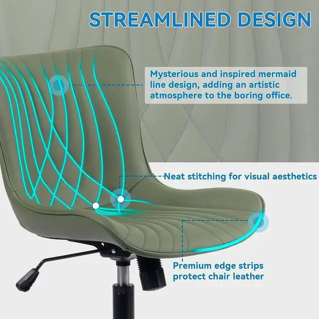 Alt view image 4 of 7 - YOUNIKE Office Chair, Armless Desk Chair Computer Chair with Wheels, Modern Upholstered PU Leather Task Chair, Rolling Adjustable Swivel Home Office Desk Chair, Dark Green