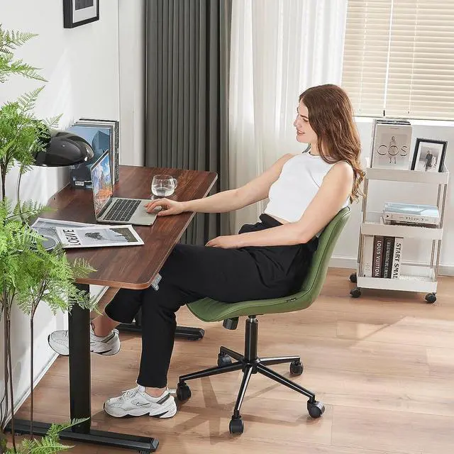 Alt view image 7 of 7 - YOUNIKE Office Chair, Armless Desk Chair Computer Chair with Wheels, Modern Upholstered PU Leather Task Chair, Rolling Adjustable Swivel Home Office Desk Chair, Dark Green