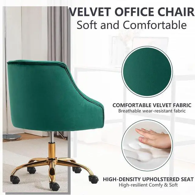 Alt view image 4 of 7 - MOJAY Velvet Office Swivel Chair, Vanity Fabric Desk Pretty Fancy Gold Office Chairs for Girls, 360°Swivel Height Adjustable Reception Chair (Green)