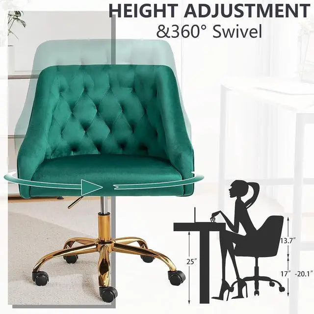 Alt view image 5 of 7 - MOJAY Velvet Office Swivel Chair, Vanity Fabric Desk Pretty Fancy Gold Office Chairs for Girls, 360°Swivel Height Adjustable Reception Chair (Green)