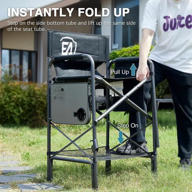 Alt view image 5 of 7 - EVER ADVANCED Tall Folding Chair 30.7" Seat Height Directors Chair High Foldable Bar Stool for Makeup Artist Face Painting with Side Table Cup Holder and Storage Pocket Supports 350LBS (Blue/Grey)