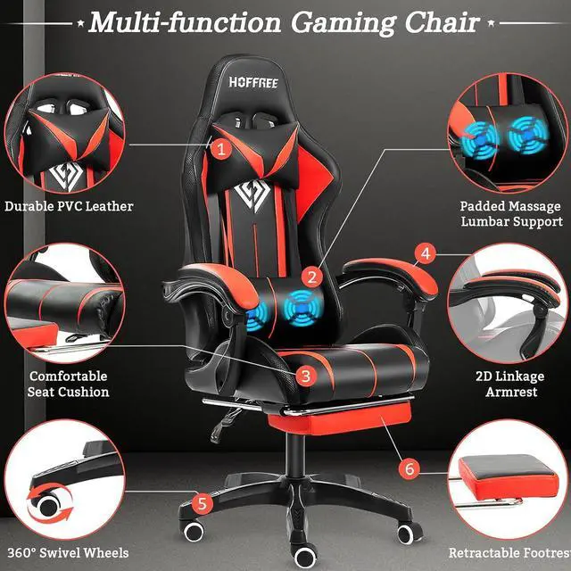 Alt view image 5 of 7 - Gaming Chair Massage with LED RGB Lights and Footrest Ergonomic Computer Gaming Chair with High Back Video Game Chair with Adjustable Lumbar Support Red and Black, Welcome to consult