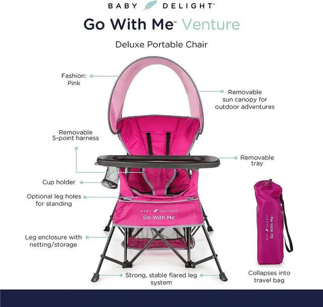 Alt view image 3 of 6 - Baby Delight Go with Me Venture Portable Chair | Indoor and Outdoor | Sun Canopy | 3 Child Growth Stages | Pink, Welcome to consult
