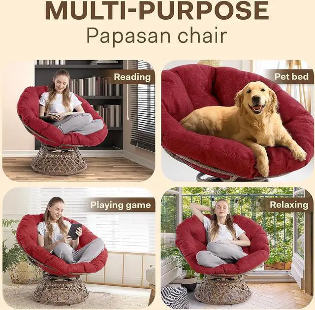 Alt view image 6 of 6 - Bme Ergonomic Wicker Papasan Chair with Soft Thick Density Fabric Cushion, High Capacity Steel Frame, 360 Degree Swivel for Living, Bedroom, Reading Room, Lounge, Cherry Sangria - Brown Base